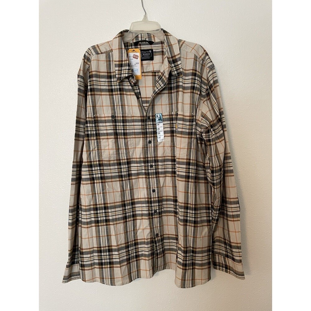 Carhartt Rugged Flex Men's 2XL Beige Plaid Relaxed Fit Button-Up Shirt